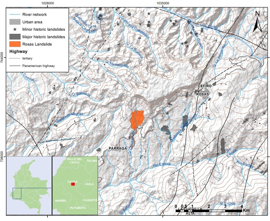 Shaded relief map of study area, showing major rivers, towns and a multi-temporal landslide inventory