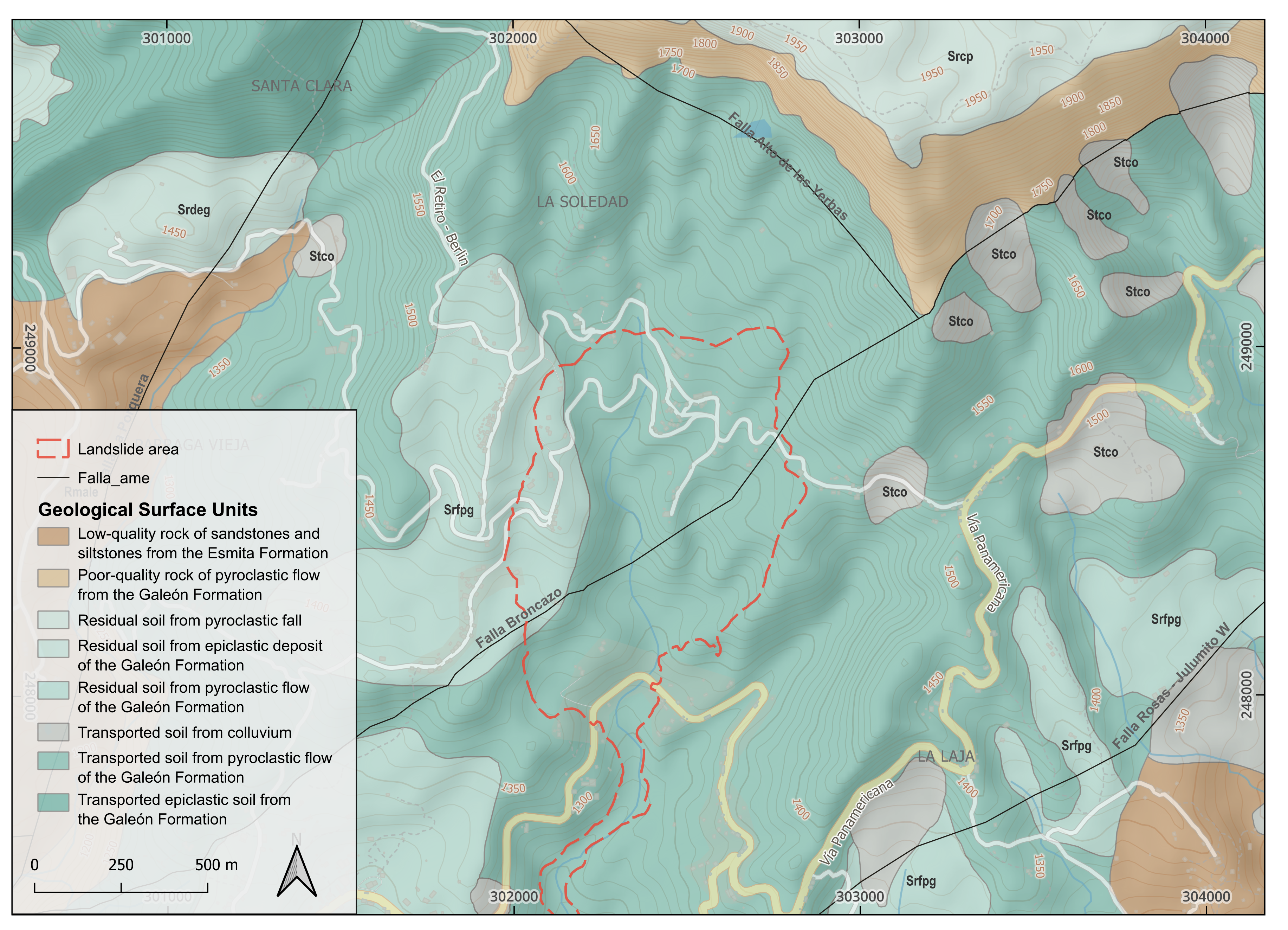 Geological surface units and main fault in the landslide site